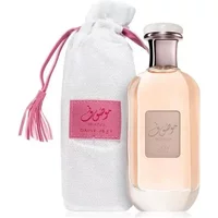 Ard Al Zaafaran Mousuf Daisy Eau De Parfum 100ml, clear bottle with pink cap, white pouch with pink tassel.