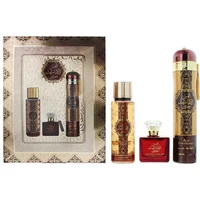 Ard Al Zaafaran gift set with ornate red and gold bottles: 100ml perfume, 250ml body mist, 300ml air freshener.