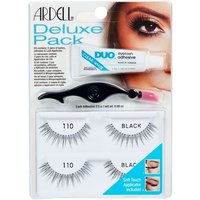 Ardell Deluxe Pack Eyelashes 110 with adhesive, applicator, and two pairs of black false lashes in clear packaging.