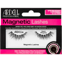 Ardell Magnetic Lashes Demi Wispies with tapered tips, pre-curved band, in black packaging with pink accents.