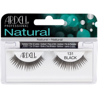 Ardell Natural 131 Black False Eyelashes with soft, wispy fibers in a clear plastic case, labeled for easy application.