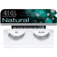 Ardell Natural Black #109 artificial eyelashes with a subtle curve and fine, tapered fibers in a clear plastic case.