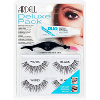 Ardell Wispies Black Deluxe Pack with two eyelash sets, adhesive tube, and applicator tool in clear packaging.