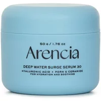 Blue Arencia Deep Water Surge Serum 30 jar with black text, 50g, featuring hyaluronic acid, PDRN, and ceramide.