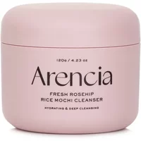 Pink jar of Arencia Fresh Rosehip Rice Mochi Cleanser, 120g, with black text and rounded lid.
