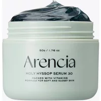 Arencia Holy Hyssop Serum 30 in a light green jar with black serum visible, labeled for soft and glossy skin.