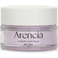 Clear jar with white lid, containing Arencia Hyssop Fume Balm, 30g, with purple tint and black text label.