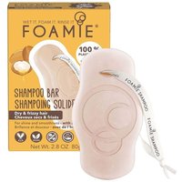 Argan Shampoo Bar by FOAMIE, beige with embossed logo, includes a white hanging cord, packaging in background.