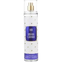 Clear bottle of Ariana Grande ARI Body Mist 236ml with gold spray nozzle and purple label featuring white text.