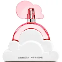 Pink ARIANA GRANDE Cloud perfume bottle with cloud-shaped white base and pink cloud cap, 30ml size.