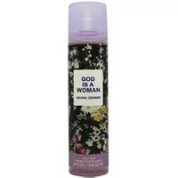 Purple-capped "God Is A Woman" body mist by Ariana Grande, floral design on bottle, 236ml size.