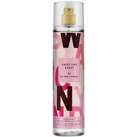 Clear bottle of ARIANA GRANDE Sweet Like Candy Body Mist, pink label with bold letters, gold spray nozzle, 236ml.