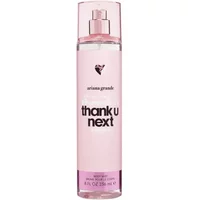 Pink ARIANA GRANDE Thank U, Next Body Mist 236ml with heart logo and black text on clear bottle.