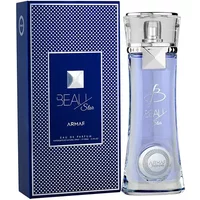 Clear glass bottle of Armaf Beau Star Eau De Parfum, 100ml, with a silver cap, next to a blue patterned box.