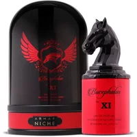 Red and black Armaf Bucephalus XI Eau De Parfum 100ml with horse head cap and elegant packaging.