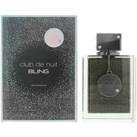 Armaf Club De Nuit Bling Eau De Parfum 75ml, sleek black bottle with textured surface and silver cap, next to box.