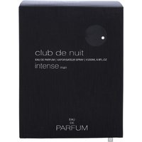 Black rectangular box of Armaf Club De Nuit Intense Man Eau de Parfum Spray with silver text and minimalist design.