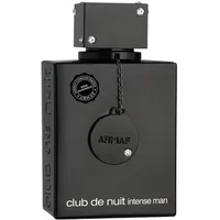 Black rectangular Armaf Club De Nuit Intense Man bottle with chain and round emblem, 105ml non-alcoholic fragrance.