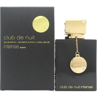 Black Armaf Club De Nuit Intense Woman perfume bottle with gold cap and chain, 105 ml, next to matching box.