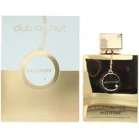 Gold rectangular Armaf Club De Nuit Milestone Eau De Parfum bottle with matching cap and chain detail, 200ml.