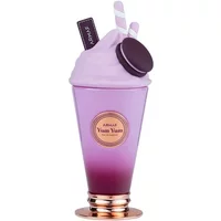 Purple Armaf Delights Yum Yum Eau De Parfum 100ml bottle shaped like a milkshake with straw and macaron accents.