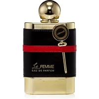 Armaf Le Femme Eau De Parfum 100ml, gold cap, black and red band, clear base, round gold charm.