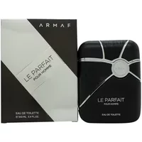 Black Armaf Le Parfait Pour Homme Eau De Parfum 100ml bottle with silver accents, next to matching box.