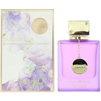 Purple Armaf Maleka Eau De Toilette bottle with gold cap and chain, floral box design.