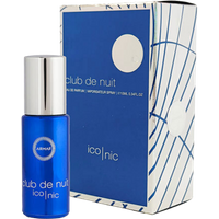 Blue cylindrical perfume bottle with silver cap, labeled "Club De Nuit Iconic," next to a matching blue and white box.
