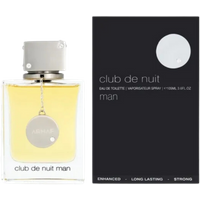 Clear glass bottle with silver cap, containing yellow liquid. Black box with white text "Club De Nuit Man" beside it.
