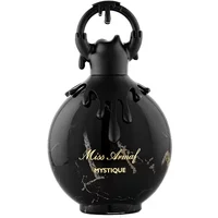 Black spherical Armaf Miss Armaf Mystique perfume bottle with gold lettering and decorative black cap.