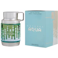 Armaf Odyssey Aqua Eau De Parfum 100ml, silver and green bottle with a handle, next to a light blue box.
