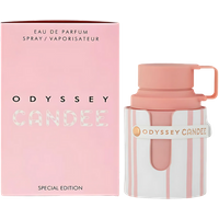 Armaf Odyssey Candee perfume, 100ml, pink and white striped bottle with matching pink cap, special edition box.