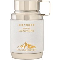 White and gold Armaf Odyssey Eau de Montagne perfume bottle with mountain design and metallic cap.