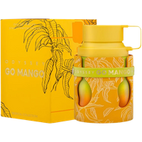 Yellow Armaf Odyssey Go Mango perfume bottle with mango design, matching box with leaf illustrations, 100 ml.