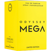 Yellow box of Armaf Odyssey Homme Mega Eau de Parfum, bold black text, limited edition, 100ml.