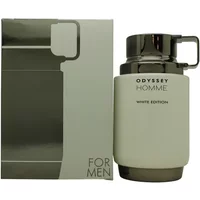 White cylindrical Armaf Odyssey Homme White Edition Eau De Parfum bottle with silver cap and matching box.