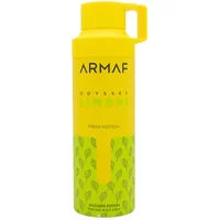 Yellow Armaf Odyssey Limoni Fresh body spray, 200ml, with green leaf pattern and bold black logo.