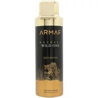 Armaf Odyssey Wild One body spray 200ml, gold and black bottle with tiger design and gold cap.