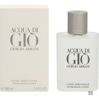 Clear glass bottle of Armani Acqua Di Gio Pour Homme After Shave Lotion, 100ml, with gray cap and matching box.