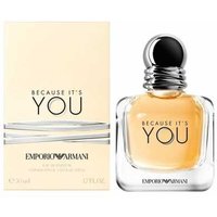 Armani Because It's You Eau de Parfum, 50ml bottle, clear glass with silver cap, next to cream box with black text.