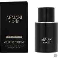 Black Armani Code Pour Homme Eau de Toilette 50ml bottle with matching black box, silver text detailing.