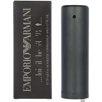 Black cylindrical Armani Emporio He Eau de Toilette Spray 50ml with matching black box featuring silver text.
