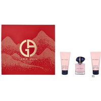 Red Armani My Way Gift Set with pink perfume bottle, navy cap, and two matching pink lotion tubes.