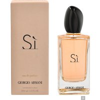 Armani Sì Eau de Parfum 100ml bottle with black cap and beige box featuring elegant branding.
