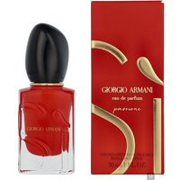 Red Armani Si Passione perfume bottle with black cap, next to matching red box with gold lettering, 30ml size.