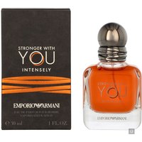Armani Stronger With You Intensely 30ml perfume, amber liquid in clear bottle, dark cap, black box with orange text.