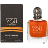 Armani Stronger With You Intensely 50ml perfume, amber liquid, clear bottle, silver cap, black box with orange accents.