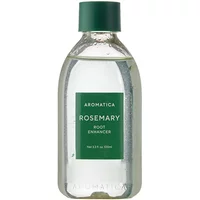Clear bottle with green cap, Aromatica label, containing Rosemary Root Enhancer liquid for hair treatment, 100 ml.