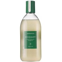 Clear bottle of Aromatica Rosemary Scalp Scaling Shampoo with green label and dark green cap, 400 ml size.